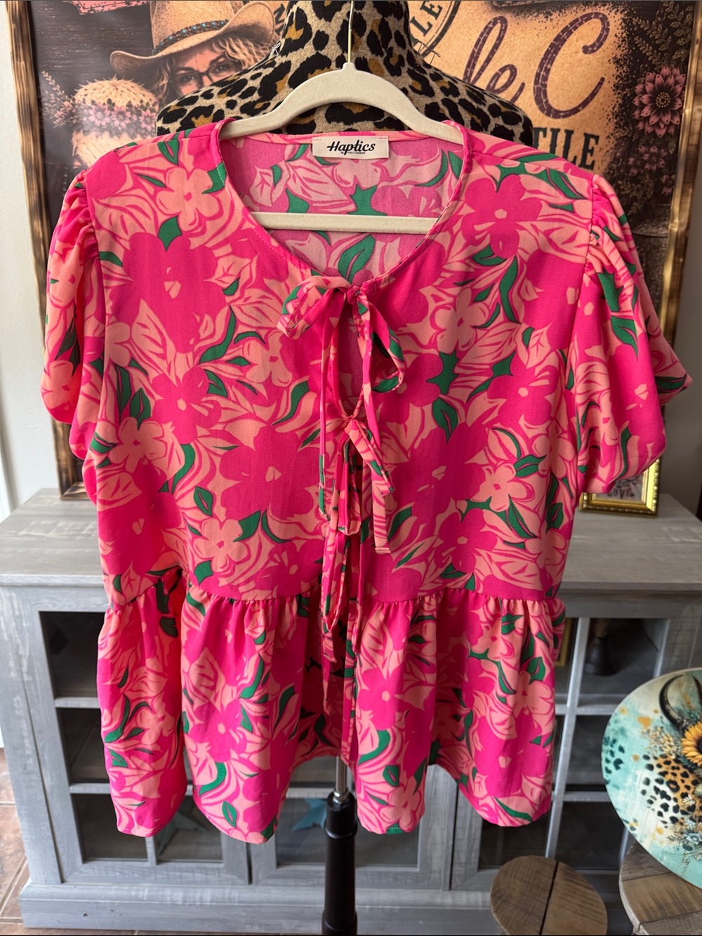 Haptics Pink Floral Tie-Front Peplum Top Sz 1XL